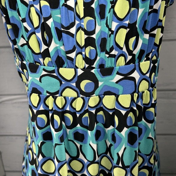 AGB Shift Dress Short Sleeve Lined Geometrical Circle Blue Yellow Size 12 Petite - Picture 8 of 12
